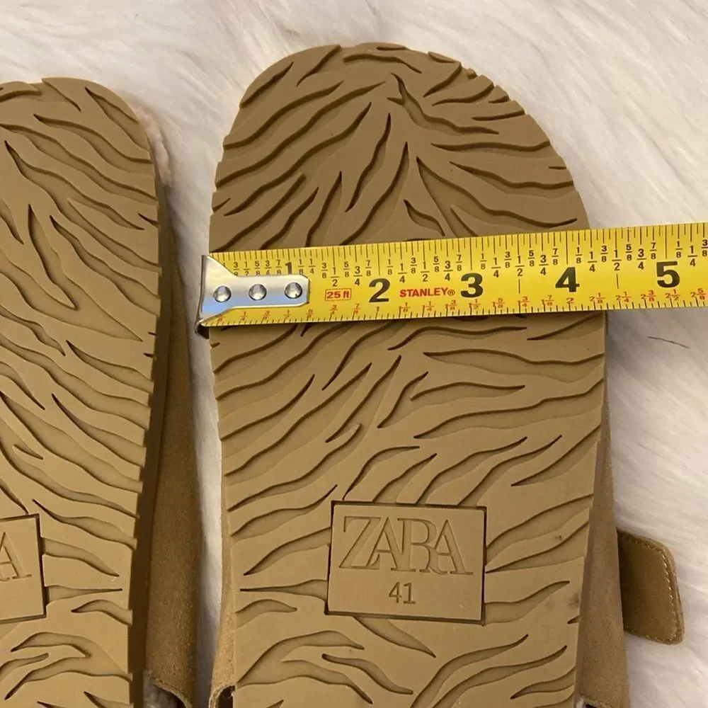 Zara Brown Tan Leather Buckled Flat Sandals Shoes Size 10